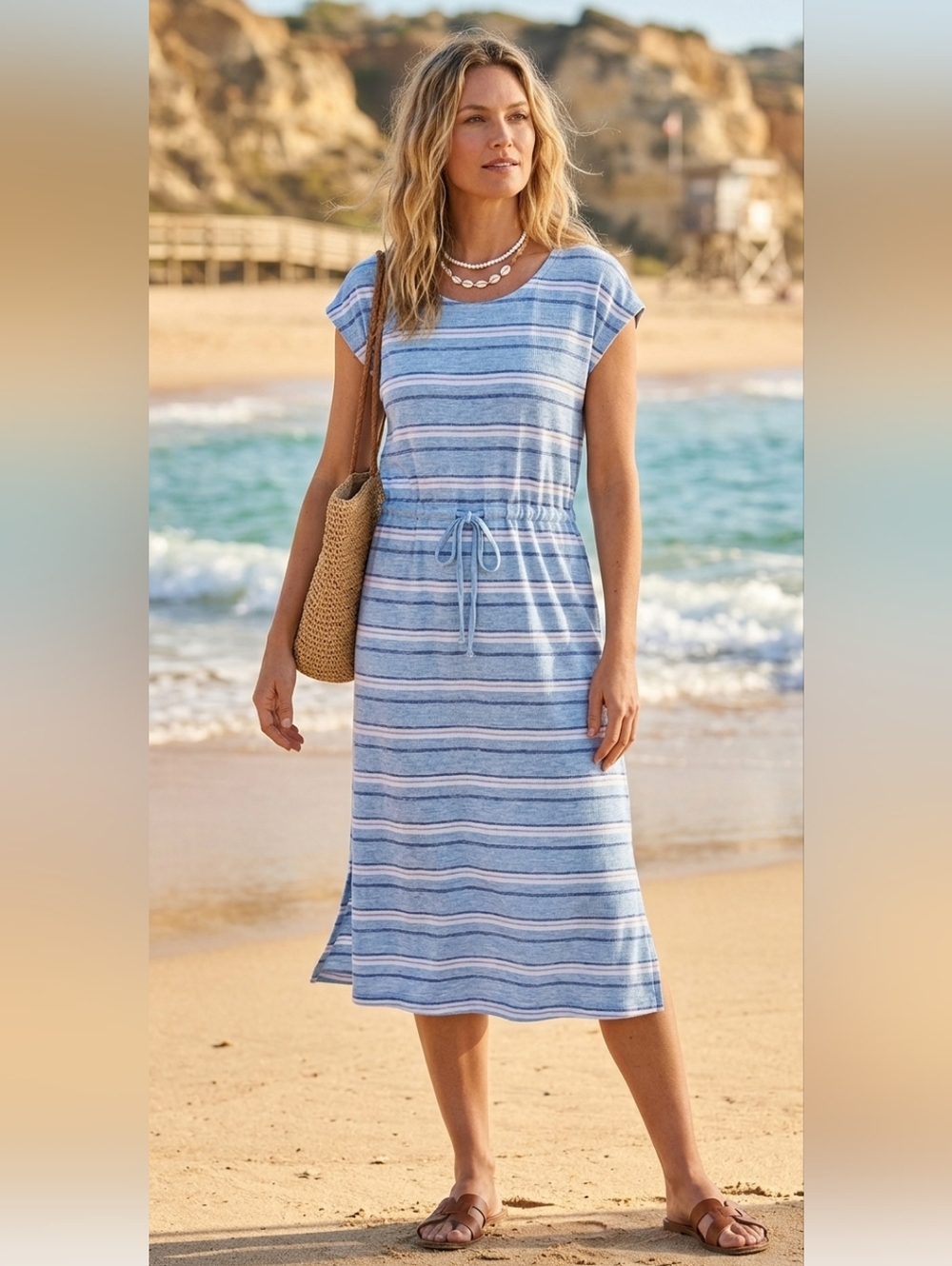 T by Talbots Rayon Blend Striped White Blue Knit Dress Size L